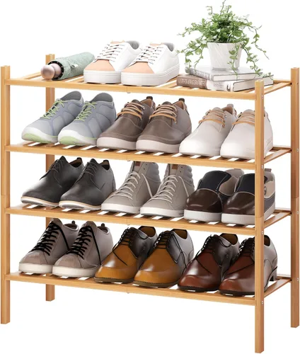 Vista 16 de BMOSU - Estantería de zapatos de bambú extendida de 3 niveles, organizador de almacenamiento premium apilable para pasillo, armario, sala de estar