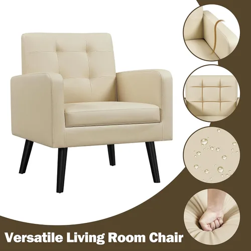 Vista 7 de Yaheetech - Sillas de acento de mediados de siglo, silla moderna tapizada de piel sintética para sala de estar, sillón acogedor con respaldo