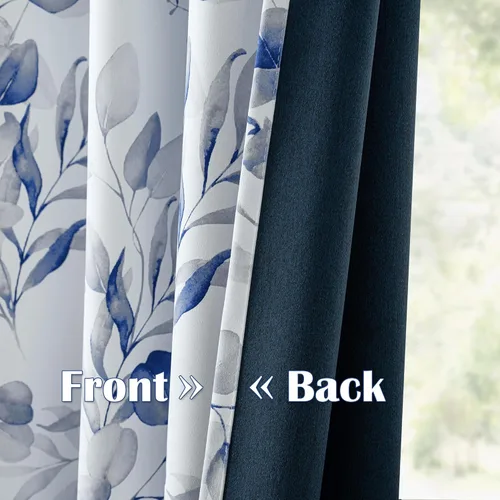 Vista 9 de Cortinas 100% opacas de 84 pulgadas de largo para dormitorio, cortinas estampadas florales azules para oscurecer la sala de estar, cortinas