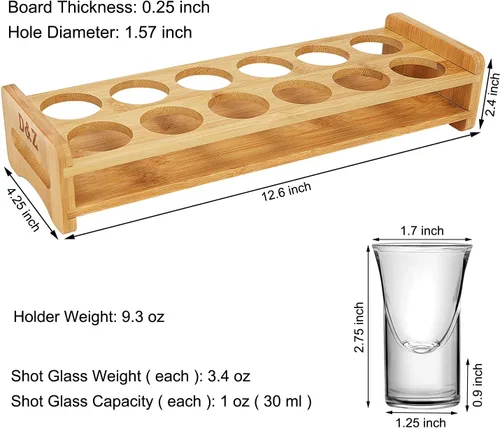 Vista 5 de D&Z Soporte de vidrio de chupito de madera de bambú con 12 vasos de chupito transparentes de 1 oz de cristal