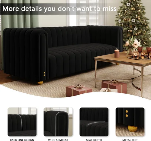 Vista 6 de Sofá de terciopelo de 3 plazas de 81 pulgadas, color negro dorado, moderno de mediados de siglo con patas de metal dorado, cómodos sofás para sala