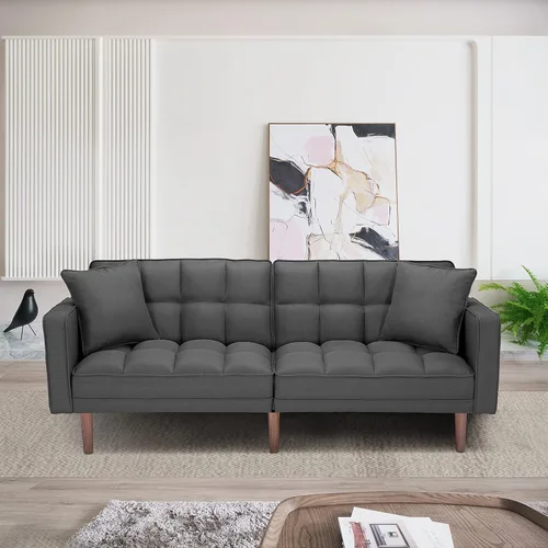 Vista 25 de Sofá cama tipo futón convertible, moderno sofá cama plegable tapizado de lino con dos almohadas, sofá cama de 75 pulgadas para sala de estar