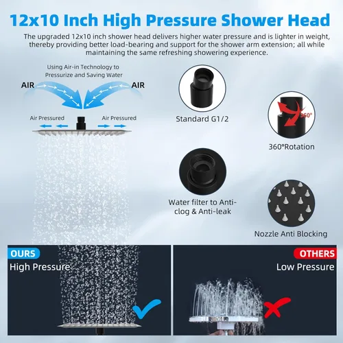 Vista 2 de Hibbent Cabezal de Ducha Completamente de Metal con Filtro de Lluvia, Regadera de Lluvia de Alta Presión de 12 pulgadas con Brazo de Extensión