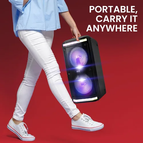 Vista 6 de Pyle Sound Around - Altavoz Bluetooth y sistema de micrófono, altavoz de karaoke estéreo portátil con micrófono con cable, lectores MP3/USB/Micro