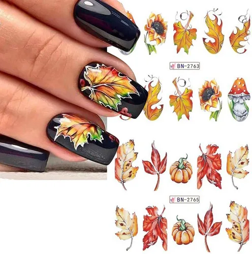 Vista 5 de 500 patrones de calcomanías de uñas de otoño para mujer, calcomanías de agua de dibujos animados, calabaza, hongo, hoja de arce, calcomanías