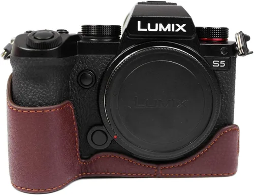 Rieibi Panasonic S5 - Funda de piel auténtica para cámara compatible con Panasonic Lumix DC-S5, DC-S5II, DC-S5IIX, color café