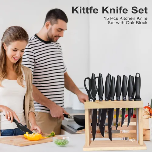 Vista 5 de Kitchen Knife Set, Kittfe15 Pcs Knife Set With Knife Sharpener High-Carbon Stainless Steel Knife Block Sharp Chef Knives Set Easy-Grip Handle, Oak