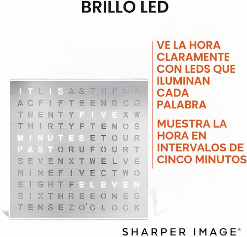 Vista 6 de Sharper Image Reloj Digital de Palabras LED, 7.75", Acabado Negro, Reloj de Escritorio y Pared Iluminado, Pantalla de Tiempo Moderna, Estante