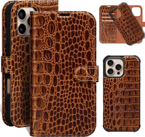 Vista 34 de Funda de cuero compatible con iPhone 16 Pro Max Cartera 6.9", cuero genuino 2 en 1, magnética, desmontable, a prueba de golpes, funda tipo folio