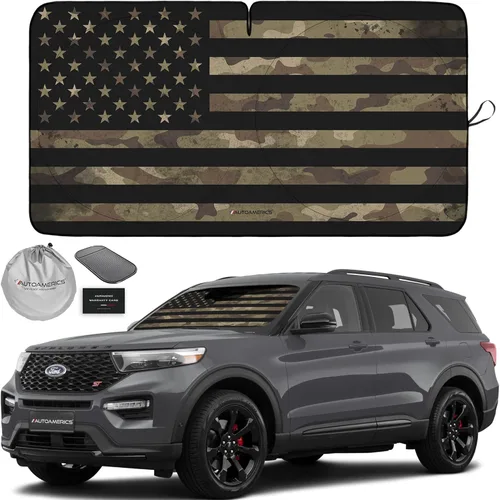 Vista 83 de Autoamerics Parasol para parabrisas de 1 pieza, diseño de camuflaje marrón con bandera estadounidense de Estados Unidos, parasol plegable