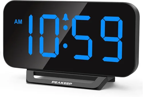 Peakeep Small Digital Alarm Clock for Bedrooms, Loud for Heavy Sleepers Adults, Dimmable Plug in Electric Large Numbers Clock Battery Backup, Slim