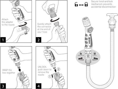 Vista 5 de Eden 96845 Pro Boquilla Turbo Recta de 4 Patrones con Control de Pulgar de Metal con Conector Rápido Juego de Inicio, Rociador de Jardín de Alta