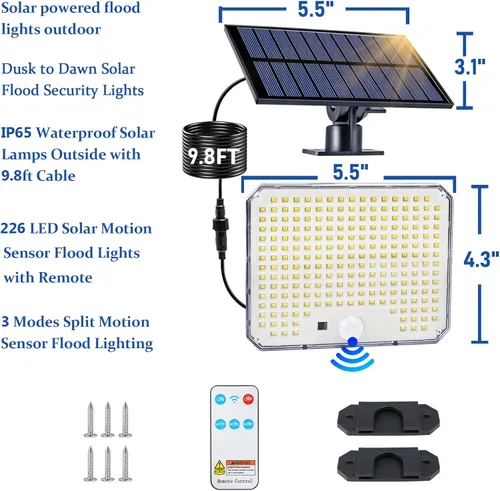 Vista 7 de Luces solares para exteriores, 226 luces LED con sensor de movimiento, iluminación solar del atardecer al amanecer con 3 modos, control remoto