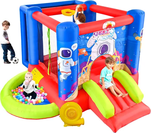 WELLFUNTIME Casa de Rebote Inflable con Tobogán, Castillo Hinchable con Soplador para Casa de Juego de Niños con Piscina de Olas