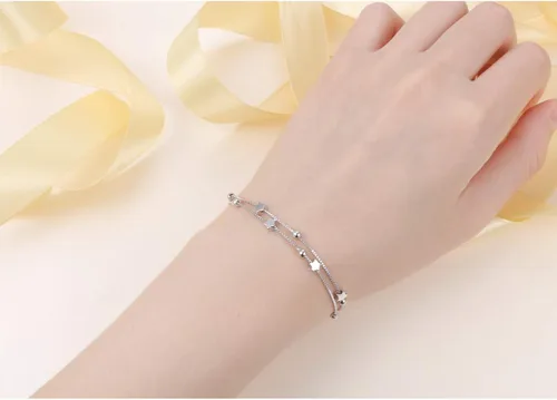 Vista 2 de Pulsera de plata de ley S925 con cuentas de corazón y estrellas de doble cadena, ajustable, regalo para mujeres y niñas, de 7 + 2 pulgadas