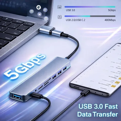 Vista 5 de Adaptador de concentrador USB C 8 en 1 para portátil – Divisor USB multipuerto con USB 3.0, 3 USB 2.0, puerto USB-C, lector de tarjetas SD/TF