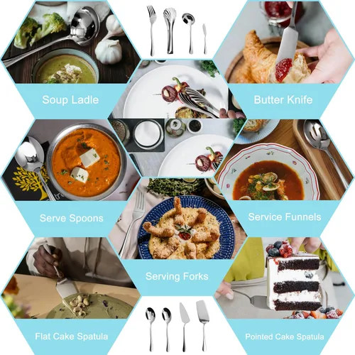 Vista 4 de Juego de cubiertos de 32 piezas con juego de utensilios para servir, cuchillos de acero inoxidable, cucharas y tenedores para el hogar, cocina