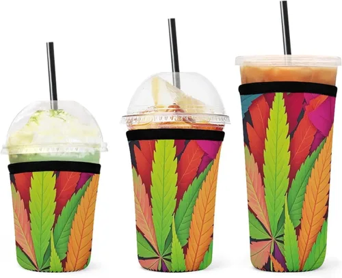 MultiColor Leaf Weed Art Reusable Insulated Neoprene Iced Coffee Cup Sleeves 3 Sizes Diving Material Cup Durable Beverage Covers for Cold Coffee Tea