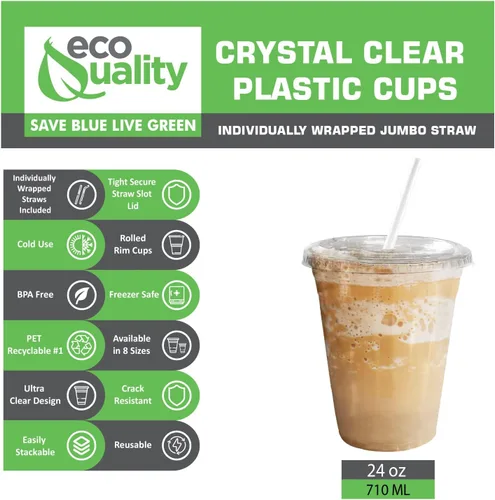 Vista 4 de Vasos desechables de plástico transparente extra grandes con tapas y pajitas, 100 unidades, 24 onzas (onzas) taza de PET transparente para batidos