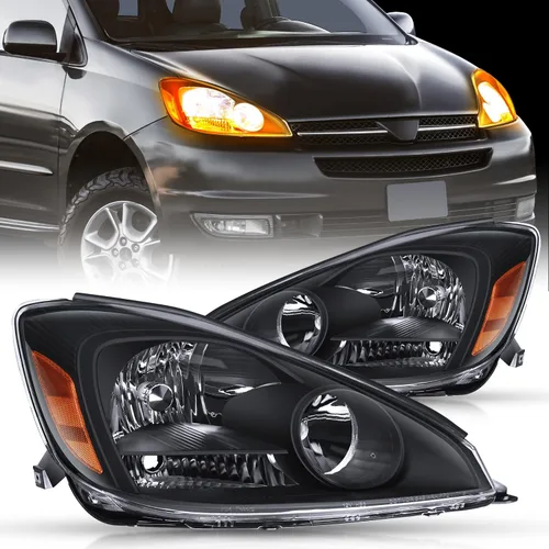 Nilight - Conjunto de faros delanteros compatibles con Toyota Sienna 2004 2005. Carcasa negra, reflector ámbar, lente transparente mejorada, faros
