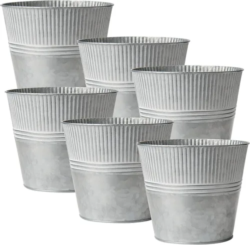 Briful Macetero galvanizado de 6.5 pulgadas, cubos de metal de tamaño mediano para flores, macetas de granja al aire libre, cubo de metal para Gris