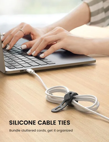 Vista 2 de Lamicall - Paquete de 10 bridas de silicona para cables, organizador de cables reutilizable duradero con hebilla de bloqueo, correas elásticas