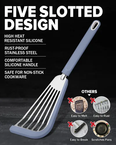Vista 2 de Espátula de pescado, espátulas delgadas ranuradas para utensilios de cocina antiadherentes, borde de silicona, resistente al calor, para pescado