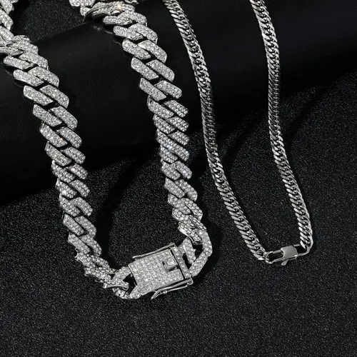 Vista 2 de JUNVirtuous 2 cadenas de eslabones cubanos para hombres, collar cubano de Miami helado y cadena de acero inoxidable, joyería de hip hop de plata
