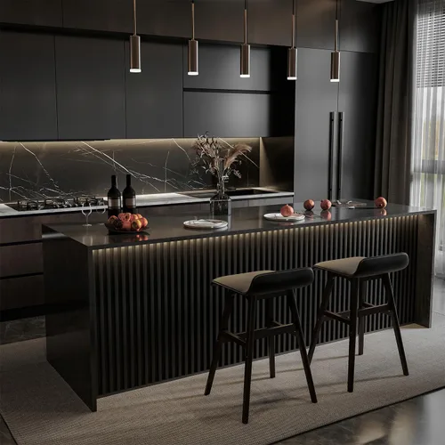 Vista 2 de Yutianli Paquete de 6 paneles de pared de listones 3D WPC parrilla para paredes, panel compuesto de plástico de madera texturizada negra, tira