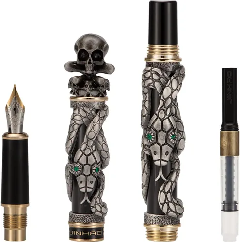 Vista 4 de Jinhao - Pluma estilográfica Black Snake, punta mediana, estilo retro con cabeza de calavera, clip de metal sólido y juego con estuche de papel