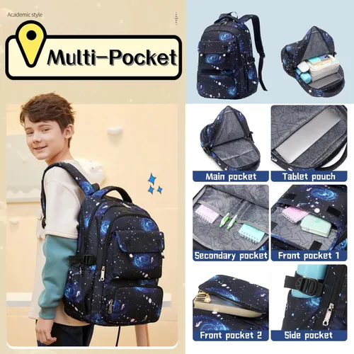 Vista 4 de Mochila escolar con estampado de galaxias para niños de secundaria y primaria