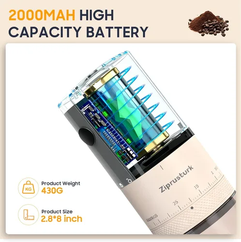 Vista 3 de First Grind - Molinillo de café recargable mientras se carga, molienda 1.7 veces más rápida con molinillo de café eléctrico portátil con 38 ajustes