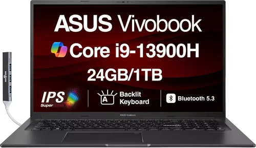 ASUS Vivobook K3704VA-DS96 17X Laptop con pantalla IPS FHD de 17.3 pulgadas (Intel i9-13900H, DDR4 de 24 GB, SSD PCIe de 1 TB, Intel Iris Xe, KB