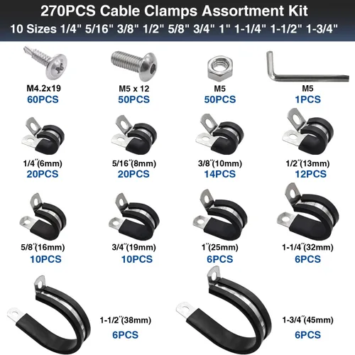 Vista 2 de Taiss Kit surtido de 270 abrazaderas de cable, abrazaderas de tubo de alambre aisladas de goma de acero inoxidable 304, 10 tamaños, abrazaderas