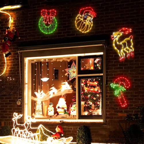 Vista 6 de Decoraciones Navideñas Iluminadas para Ventanas, Paquete de 4 Corona de Navidad Enchufable Reno Papá Noel y Bastón de Caramelo Silueta de Ventana