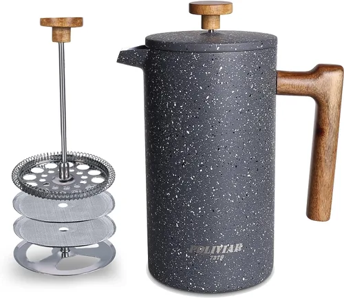 Vista 9 de POLIVIAR - Cafetera de prensa francesa, prensa de café de 34 onzas con mango de madera real, aislamiento de doble pared y pantalla de doble filtro