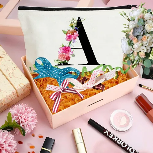 Vista 4 de Andeiltech - Bolsa de lona con inicial floral, personalizada, bolsa de maquillaje con monograma, regalo para damas de honor, cumpleaños, boda