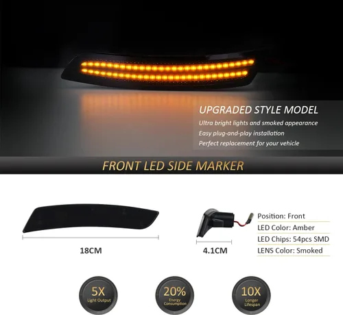 Vista 2 de D-Lumina Luces LED ahumadas de posición laterales delanteras compatibles con Chevy Camaro 2016 2017 2018 2019 2020 2021 2022, Cadillac CTS 2014