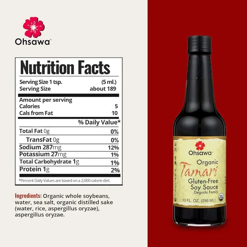 Vista 3 de Ohsawa Tamari orgánico, elaborado tradicionalmente en barriles de cedro para mayor sabor, salsa de soja japonesa, baja en sodio, sin gluten, vegano