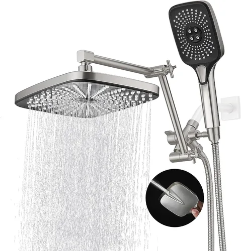 Cabezal de ducha de lluvia con combo de rociador de mano, cabezales de ducha de lluvia de 12 pulgadas con brazo de extensión ajustable, cabezal de