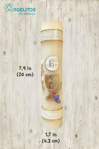 Vista 3 de Angelitos de Mexico Celebración Vela Primera Comunión Único Hecho a Mano Primera Comunión Cirio Vela Cáliz Uvas