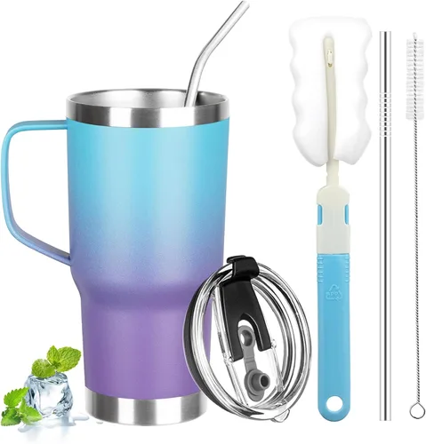 Vista 20 de Vaso de 20 onzas con asa, vaso aislado de acero inoxidable con tapa y pajilla, taza de café aislada al vacío de doble pared, taza térmica de café