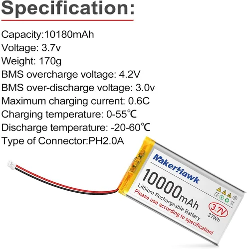 Vista 3 de MakerHawk Batería LiPo de 3.7 V 10000 mAh 1163115 Baterías recargables de polímero de litio 1S con placa de protección, cinta de goma aislada