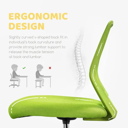 Vista 4 de Yaheetech Linda silla de escritorio para niños, silla de computadora pequeña sin brazos con soporte lumbar para adolescentes, respaldo bajo, Verde