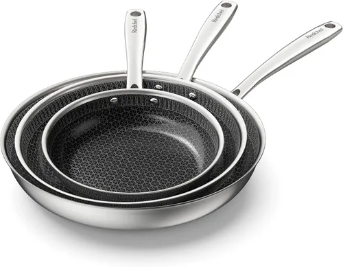 Redchef Sartén antiadherente de cerámica híbrida, juego de sartenes de inducción de 8, 10 y 12 pulgadas, sartén de panal, sartén de acero