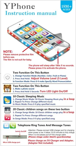 Vista 3 de Teléfono celular de juguete Yphone, para niños, color negro, recargable por USB