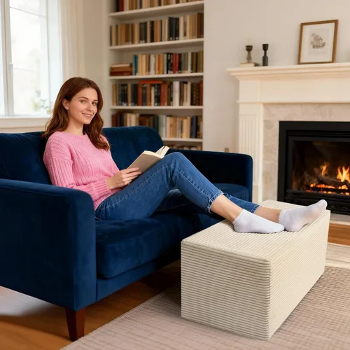 Vista 9 de Puf otomano rectangular, puf de relleno con relleno de trozos de espuma, taburete de forro polar coral suave, otomana multiusos para sala de estar