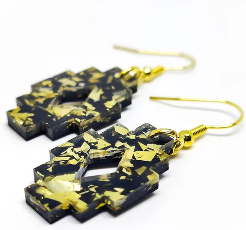 Vista 2 de Boho Black and Gold Sparkle Dangle & Drop Earrings, Handmade, Metal for Sensitive Ears- Statement Earrings (Aztec Dangle Earrings)