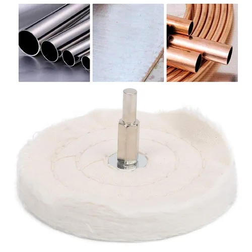 Vista 2 de ViaGasaFamido Kit de rueda de pulido de tela blanca para taladro tipo plano de algodón, herramientas de pulido de superficie de espejo con mango