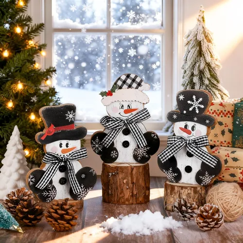 Vista 4 de 3 piezas de centros de mesa de Navidad en madera, decoración rústica de muñeco de nieve para mesa, señales de mesa de Navidad, bloques de decoración